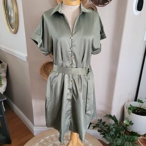 French Connection Elegant Olive Green Shirt Dress Sz L